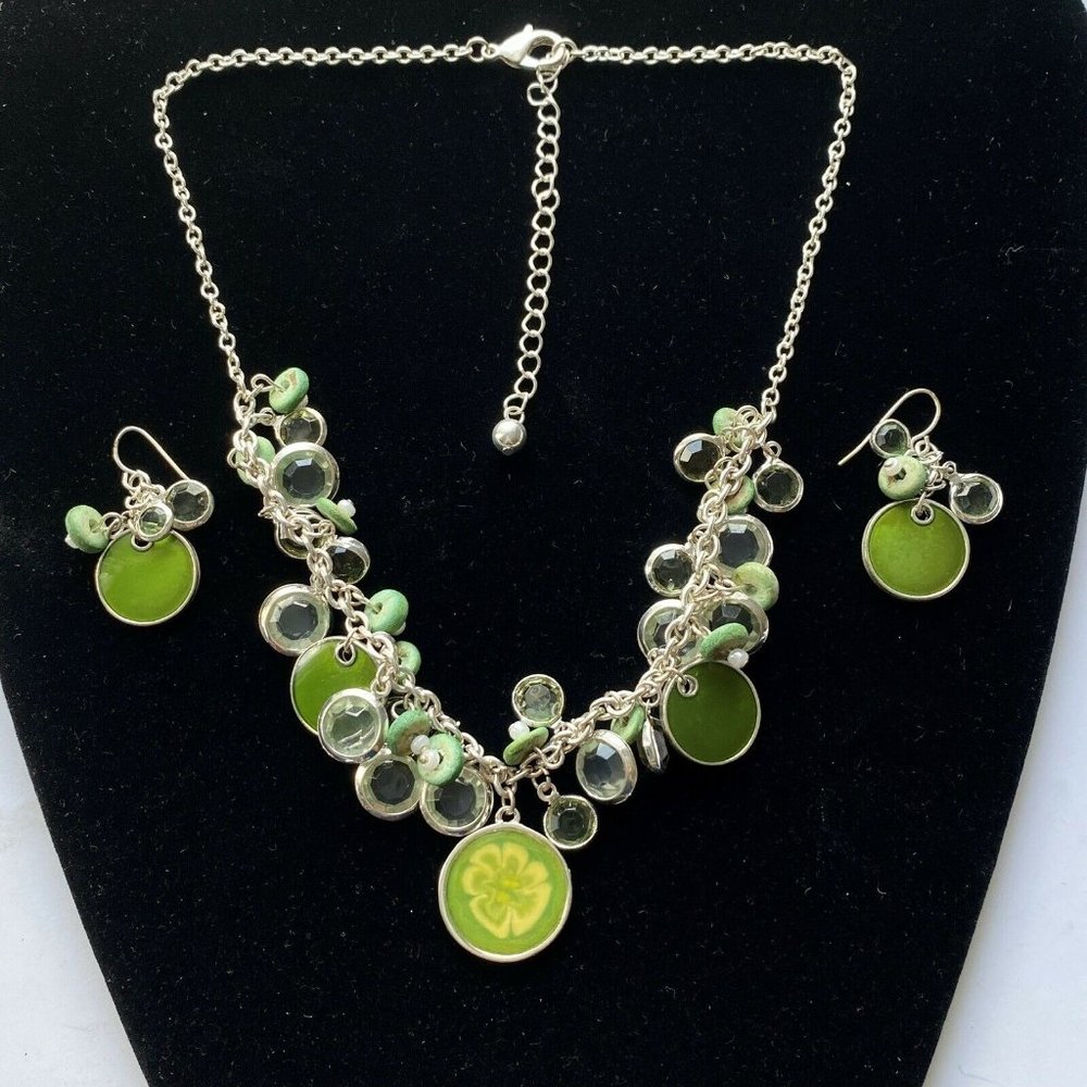 Kenneth Cole Spring Green Enamel Crystals Necklace & Earrings Silver Jewelry Set